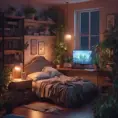 Nostalgic bedroom with a gaming pc, windows, plants bookshelves, desk, 3d art, muted colors, perfect lighting, night time, Highly Detailed, Behance, Isometric, 3D Rendering, Concept Art by Greg Rutkowski