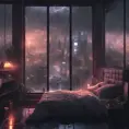 Beautiful cozy bedroom with floor to ceiling glass windows overlooking a cyberpunk city at night, thunderstorm outside with torrential rain, High Resolution, Highly Detailed, Darkwave, Gloomy by Stanley Artgerm Lau