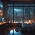 Beautiful cozy bedroom with floor to ceiling glass windows overlooking a cyberpunk city at night, thunderstorm outside with torrential rain, High Resolution, Highly Detailed, Darkwave, Gloomy by Stanley Artgerm Lau