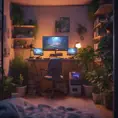 Nostalgic bedroom with a gaming pc, windows, plants bookshelves, desk, 3d art, muted colors, perfect lighting, night time, Highly Detailed, Behance, Isometric, 3D Rendering, Concept Art