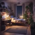 Nostalgic bedroom with a gaming pc, windows, plants bookshelves, desk, 3d art, muted colors, perfect lighting, night time, Highly Detailed, Behance, Isometric, 3D Rendering, Concept Art by WLOP