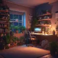 Nostalgic bedroom with a gaming pc, windows, plants bookshelves, desk, 3d art, muted colors, perfect lighting, night time, Highly Detailed, Behance, Isometric, 3D Rendering, Concept Art