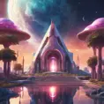 Cosmic round beautiful temple in the center of a futuristic community. Extraterrestrial landscape. Planet sirius. The moon and stars can be seen in the sky even during the day., Sci-Fi, Volumetric Lighting, Vibrant Colors by Stanley Artgerm Lau