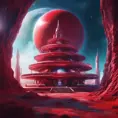 Cosmic round beautiful red temple in the center of a futuristic community. Extraterrestrial landscape. Planet sirius. The moon and stars can be seen in the sky even during the day., Sci-Fi, Volumetric Lighting, Vibrant Colors by Stefan Kostic