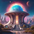 Cosmic round beautiful temple in the center of a futuristic community. Extraterrestrial landscape. Planet sirius. The moon and stars can be seen in the sky even during the day., Sci-Fi, Volumetric Lighting, Vibrant Colors by Stanley Artgerm Lau