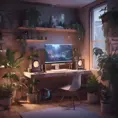 Nostalgic bedroom with a gaming pc, windows, plants bookshelves, desk, 3d art, muted colors, perfect lighting, night time, Highly Detailed, Behance, Isometric, 3D Rendering, Concept Art by WLOP