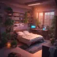 Nostalgic bedroom with a gaming pc, windows, plants bookshelves, desk, 3d art, muted colors, perfect lighting, night time, Highly Detailed, Behance, Isometric, 3D Rendering, Concept Art by Stanley Artgerm Lau