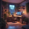 Nostalgic bedroom with a gaming pc, windows, plants bookshelves, desk, 3d art, muted colors, perfect lighting, night time, Highly Detailed, Behance, Isometric, 3D Rendering, Concept Art by Stanley Artgerm Lau