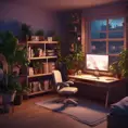 Nostalgic bedroom with a gaming pc, windows, plants bookshelves, desk, 3d art, muted colors, perfect lighting, night time, Highly Detailed, Behance, Isometric, 3D Rendering, Concept Art by Stefan Kostic