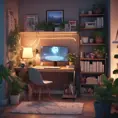 Nostalgic bedroom with a gaming pc, windows, plants bookshelves, desk, 3d art, muted colors, perfect lighting, night time, Highly Detailed, Behance, Isometric, 3D Rendering, Concept Art