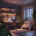 Nostalgic bedroom with a gaming pc, windows, plants bookshelves, desk, 3d art, muted colors, perfect lighting, night time, Highly Detailed, Behance, Isometric, 3D Rendering, Concept Art by WLOP