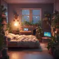 Nostalgic bedroom with a gaming pc, windows, plants bookshelves, desk, 3d art, muted colors, perfect lighting, night time, Highly Detailed, Behance, Isometric, 3D Rendering, Concept Art