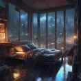 Beautiful cozy bedroom with floor to ceiling glass windows overlooking a cyberpunk city at night, thunderstorm outside with torrential rain, High Resolution, Highly Detailed, Darkwave, Gloomy by Stanley Artgerm Lau