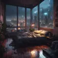 Beautiful cozy bedroom with floor to ceiling glass windows overlooking a cyberpunk city at night, thunderstorm outside with torrential rain, High Resolution, Highly Detailed, Darkwave, Gloomy by Stefan Kostic