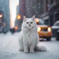 Thin lightweight light cute fluffy cat in a snowy New York city street, 8k, Award-Winning, Highly Detailed, Minimalism, Stunning, Wallpaper, Cinematic Lighting