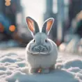 Thin lightweight light cute fluffy rabbit in a snowy Tokyo city street, 8k, Award-Winning, Highly Detailed, Minimalism, Stunning, Wallpaper, Cinematic Lighting