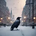 Raven in a snowy Moscow city street, 8k, Award-Winning, Highly Detailed, Minimalism, Stunning, Wallpaper, Cinematic Lighting