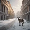 Deer in a snowy Roman city street, 8k, Award-Winning, Highly Detailed, Minimalism, Stunning, Wallpaper, Cinematic Lighting