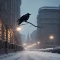 Raven in a snowy Moscow city street, 8k, Award-Winning, Highly Detailed, Minimalism, Stunning, Wallpaper, Cinematic Lighting