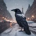 Raven in a snowy Moscow city street, 8k, Award-Winning, Highly Detailed, Minimalism, Stunning, Wallpaper, Cinematic Lighting