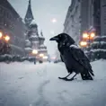 Raven in a snowy Moscow city street, 8k, Award-Winning, Highly Detailed, Minimalism, Stunning, Wallpaper, Cinematic Lighting