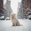 Thin lightweight light cute fluffy dog in heavy snowy New York city street, 8k, Award-Winning, Highly Detailed, Minimalism, Stunning, Wallpaper, Cinematic Lighting