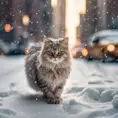 Thin lightweight light cute fluffy cat in a snowy New York city street, 8k, Award-Winning, Highly Detailed, Minimalism, Stunning, Wallpaper, Cinematic Lighting