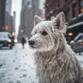 Thin lightweight light cute fluffy dog in heavy snowy New York city street, 8k, Award-Winning, Highly Detailed, Minimalism, Stunning, Wallpaper, Cinematic Lighting