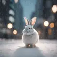 Thin lightweight light cute fluffy rabbit in a snowy Tokyo city street, 8k, Award-Winning, Highly Detailed, Minimalism, Stunning, Wallpaper, Cinematic Lighting