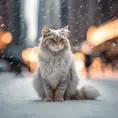 Thin lightweight light cute fluffy cat in a snowy New York city street, 8k, Award-Winning, Highly Detailed, Minimalism, Stunning, Wallpaper, Cinematic Lighting