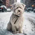 Thin lightweight light cute fluffy dog in heavy snowy New York city street, 8k, Award-Winning, Highly Detailed, Minimalism, Stunning, Wallpaper, Cinematic Lighting