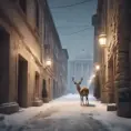 Deer in a snowy Roman city street, 8k, Award-Winning, Highly Detailed, Minimalism, Stunning, Wallpaper, Cinematic Lighting