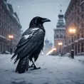 Raven in a snowy Moscow city street, 8k, Award-Winning, Highly Detailed, Minimalism, Stunning, Wallpaper, Cinematic Lighting