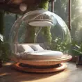 Futuristic sleeping relax pod, transparent orb, plants, natural daytime lighting, natural wooden environment, flat design, product-view, 8k, Futuristic, Sci-Fi, Natural Light by Greg Rutkowski