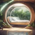 Futuristic sleeping relax pod, transparent orb, plants, natural daytime lighting, natural wooden environment, flat design, product-view, 8k, Futuristic, Sci-Fi, Natural Light by Stefan Kostic