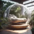 Futuristic sleeping relax pod, transparent orb, plants, natural daytime lighting, natural wooden environment, flat design, product-view, 8k, Futuristic, Sci-Fi, Natural Light by WLOP