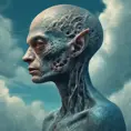 Professional portrait of a tatooed alien race, head with 3d bony growths under the skin on the head normal face full body side view the backdrop sea and clouds the sea is ocean blue, abstract beauty, approaching perfection, delicate face, moonlight, Highly Detailed, Artstation, Vintage Illustration, Digital Painting, Sharp Focus, Smooth, Dynamic Lighting, Concept Art by Carne Griffiths, Wadim Kashin