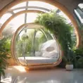 Futuristic sleeping relax pod, transparent orb, plants, natural daytime lighting, natural wooden environment, flat design, product-view, 8k, Futuristic, Sci-Fi, Natural Light