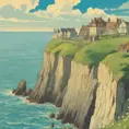 Create a captivating background, Cliffs of Dover in the background. vintage poster paint book cover style design, Highly Detailed, Poster by Studio Ghibli