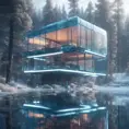 Beautiful futuristic architectural bright glass house in the forest on a giant frozen lake, 8k, Award-Winning, Highly Detailed, Beautiful, Epic, Octane Render, Unreal Engine, Radiant, Volumetric Lighting by Stanley Artgerm Lau