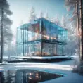 Beautiful futuristic architectural bright glass house in the forest on a giant frozen lake, 8k, Award-Winning, Highly Detailed, Beautiful, Epic, Octane Render, Unreal Engine, Radiant, Volumetric Lighting by Greg Rutkowski