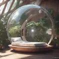 Futuristic sleeping relax pod, transparent orb, plants, natural daytime lighting, natural wooden environment, flat design, product-view, 8k, Futuristic, Sci-Fi, Natural Light by WLOP