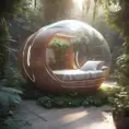 Futuristic sleeping relax pod, transparent orb, plants, natural daytime lighting, natural wooden environment, flat design, product-view, 8k, Futuristic, Sci-Fi, Natural Light by Stanley Artgerm Lau