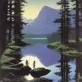 1970's dark fantasy book cover of beautiful lake with minimalist far perspective, Album cover, D&D, Fantasy by Larry Elmore