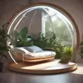 Futuristic sleeping relax pod, transparent orb, plants, natural daytime lighting, natural wooden environment, flat design, product-view, 8k, Futuristic, Sci-Fi, Natural Light by Stanley Artgerm Lau