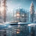 Beautiful futuristic architectural bright glass house in the forest on a giant frozen lake, 8k, Award-Winning, Highly Detailed, Beautiful, Epic, Octane Render, Unreal Engine, Radiant, Volumetric Lighting