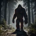 Bigfoot, sasquatch, in a dark forest, 8k, Intricate Details, Full Body, Ray Tracing, Unreal Engine, Moody Lighting