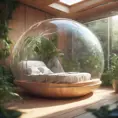 Futuristic sleeping relax pod, transparent orb, plants, natural daytime lighting, natural wooden environment, flat design, product-view, 8k, Futuristic, Sci-Fi, Natural Light by Stanley Artgerm Lau