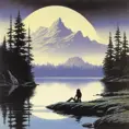 1970's dark fantasy book cover of beautiful lake with minimalist far perspective, Album cover, D&D, Fantasy by Larry Elmore