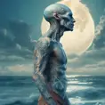 Professional portrait of a tatooed alien race, head with 3d bony growths under the skin on the head normal face full body side view the backdrop sea and clouds the sea is ocean blue, abstract beauty, approaching perfection, delicate face, moonlight, Highly Detailed, Artstation, Vintage Illustration, Digital Painting, Sharp Focus, Smooth, Dynamic Lighting, Concept Art by Carne Griffiths, Wadim Kashin